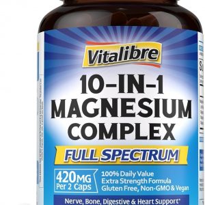 10 in 1 Magnesium Complex, 420mg Elemental Magnesium | Ultra Strength, Max Absorption | Chelated Magnesium Supplement for Nerves, Bone & Heart Health | Non-GMO, 120 Vegan Capsules
