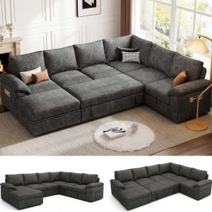 108 Inch Sectional Sleeper Sofa with Pull Out Bed, U Shaped 7 Seat Modular Sectional Sofa with Storage, Sectional Couches for Living Room, Cloud Modular Couch,Removable Sofa Cover, Dark Grey
