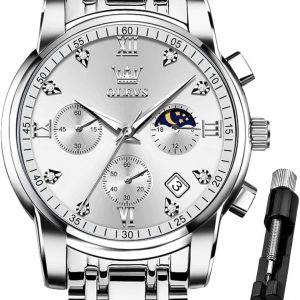 OLEVS Watch for Men Diamond Business Dress Analog Quartz Stainless Steel Waterproof Luminous Date Two Tone Luxury Casual Wrist Watch Blue