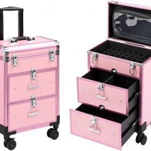 3 in 1 Rolling Makeup Case, Professional Cosmetology Case on Wheels, Detachable Clear Makeup Bag & Nail Polish Organizer, Portable Makeup Trolley with Drawers for Makeup Artists & Nail Technicians