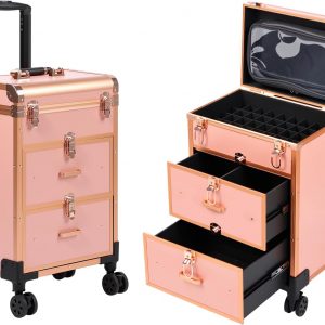 3 in 1 Rolling Makeup Case, Professional Cosmetology Case on Wheels, Detachable Clear Makeup Bag & Nail Polish Organizer, Portable Makeup Trolley with Drawers for Makeup Artists & Nail Technicians