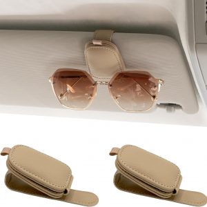Yuoyar Sunglass Holder for Car, Magnetic Leather Sunglasses Holder and Ticket Card Clip, Car Visor Accessories, 2 Packs (Beige)