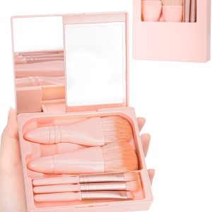 Travel Size Makeup Brushes Mini Set with Hard Case and Built-in Mirror, 5Pcs Small Cosmetic Brushes, On the Go Brush Travel Essentials kits for Women, Girls Gift (Light Pink)