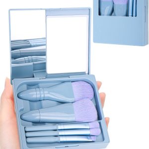 Travel Size Makeup Brushes Mini Set with Hard Case and Built-in Mirror, 5Pcs Small Cosmetic Brushes, On the Go Brush Travel Essentials kits for Women, Girls Gift (Sky Blue)