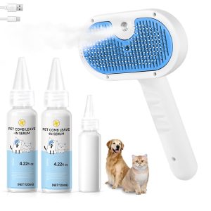 Pet Steam Brush for Dog & Cat - 3-in-1 Steam Grooming Brush for Shedding & Hair Removal - Pet comb leave-in serum with Mist for Long Haired Pets - Includes 2*Waterless Shampoo, Blue