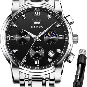 OLEVS Watch for Men Diamond Business Dress Analog Quartz Stainless Steel Waterproof Luminous Date Two Tone Luxury Casual Wrist Watch Blue