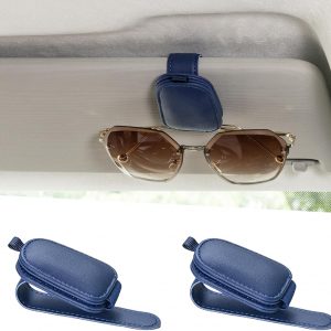 Yuoyar Sunglass Holder for Car, Magnetic Leather Sunglasses Holder and Ticket Card Clip, Car Visor Accessories, 2 Packs (Blue)