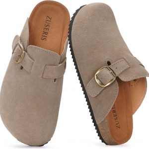Kids Suede Clogs Boys Girls Cork Footbed Potato Shoes Classic Slip On Leather Mules Children Indoor Outdoor Sandals with Adjustable Buckle