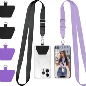 Doormoon Phone Lanyard, Universal Adjustable Neck Strap for Phone Case Keys ID Badges Cell Phone Lanyard Compatible with iPhone, Samsung, Most Smartphones, 2 Pack, Black Light Purple