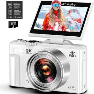 5K Digital Camera - WiFi 75MP Cameras for Photography - UHD Vlogging Camera for YouTube with 3" 180° Flip Screen - Autofocus Compact Video Travel Camara with 18X Zoom, 32GB SD Card, 2 Batteries