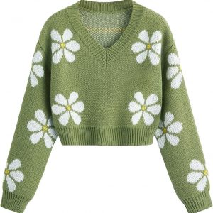 SHENHE Girl's Floral Print V Neck Long Sleeve Knitted Cropped Sweater Jumper Tops