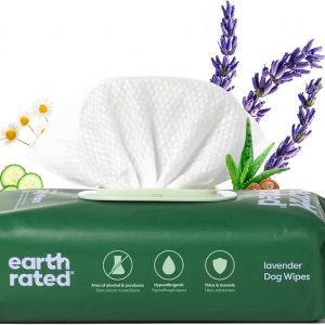 Earth Rated Dog Wipes, Hypoallergenic, 3-in-1 Cleaning and Hydrating, for Grooming Paws, Body and Butt, Lavender Scented, 100 Count