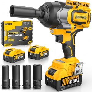 Cordless Impact Wrench, 900Ft-lbs (1200N.m) 1/2" Brushless Impact Gun, 20V High Torque Power Impact Driver, 2x4.0Ah Batteries,Brushless Motor 2400 RPM Variable Speeds for Family Car/Pickup Truck/Mower