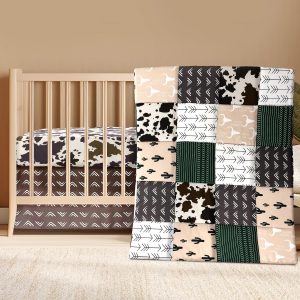 3 Piece Patchwork Western Crib Bedding Set for Boys Girls Cow Cactus Print Baby Bedding Barnyard Western Nursery Decor Soft Baby Bed Set Includes Quilt Fitted Crib Sheet Bed Skirt(Cowboys)