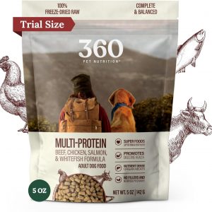 360 Pet Nutrition Freeze-Dried Raw Dog Food – Multi-Protein with Beef, Chicken, Fish, Liver & Organs, High Protein, Omega-3s, Fruits, Veggies & Superfoods, Grain-Free, No Fillers, 5 oz – Made in USA