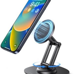 OMOTON 360°Rotating Magnetic Phone Stand for Desk, Adjustable Foldable Aluminum for MagSafe Cell Phone Stand Holder with Non-Slip Base, for iPhone 17/16/15/14 Pro Max Air/MagSafe Case- Black : Cell Phones & Accessories