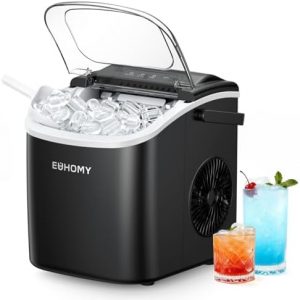 EUHOMY Countertop Ice Maker Machine with Handle, 26lbs in 24Hrs, 9 Ice Cubes Ready in 6 Mins, Auto-Cleaning Portable Ice Maker with Basket and Scoop, for Home/Kitchen/Camping/RV. (Black) : Appliances