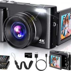 4K Digital Camera for Photography Autofocus, 2026 Latest 48MP Vlogging Camera for YouTube with SD Card, 2 Batteries, 3" 180°Flip Screen Compact Travel Camera for Teens with 16X Zoom, Anti-Shake,Black
