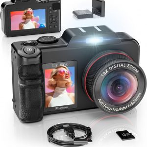 5K Digital Camera for Photography, 80MP 3.5"+2" Dual Screen for Self-Framing 18X Zoom Autofocus Vlogging Camera for YouTube/Content Creators/Travel, Includes 32GB Card + 2 Batteries & Flash, LIYTIFOR