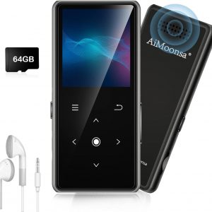 64GB MP3 Player with Bluetooth 5.2, AiMoonsa Music Player with Built-in HD Speaker, FM Radio, Voice Recorder, HiFi Sound, E-Book, Earphones Included
