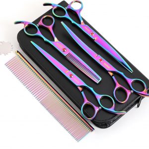 7.0in Titanium Professional Pet Grooming Scissors Set, GEMEK 6 in 1 Straight & Thinning & Upwards Curved & Downwards Curved Scissors & Comb for Dogs, Cats (Rainbow)