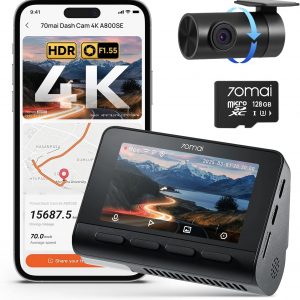 70mai 4K Dash Cam Front and Rear, Built in Wi-Fi 6 & GPS Car Camera, Super Night Vision, ADAS, 3'' IPS Screen, 24H Parking Mode, Time-Lapse, Loop Recording, with 128GB Card (A800SE)