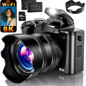 8K Digital Camera, 88MP WiFi Cameras for Photography with 3.2" Touchscreen, 16X Zoom Autofocus Vlogging Camera for YouTube Video, Anti-Shake, Dual Camera, 2 Batteries, 64GB Card, Flash, Lens Hood