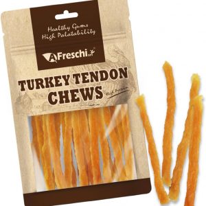 A Freschi srl Turkey Tendons for Dogs, USA-Sourced, Healthy Dog Treats, Rawhide-Free Puppy Chews, All Natural, Hypoallergenic Dog Treats, Soft Strips, 3.5 oz Pack