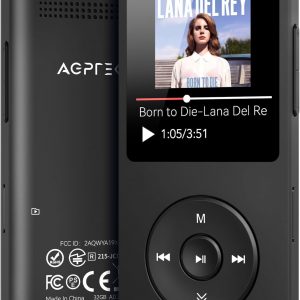 AGPTEK A02 MP3 Player with Bluetooth 5.3, 1.8 inch Screen Portable Music Player with Speaker, FM Radio, Voice Recorder, Supports Expanded Up to 128GB(Black, 32GB)