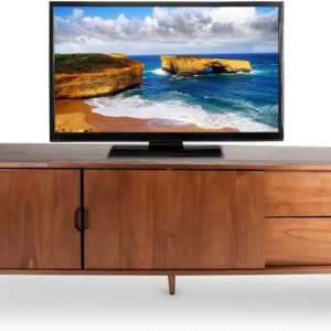 BTM Mid‑Century Modern TV Stand for 55–90‑Inch TVs, Walnut Sliding Door Entertainment Center, Adjustable Shelves with Storage for Living Room or Bedroom