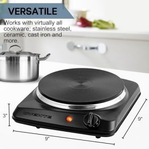 OVENTE Electric Countertop Single Burner, 1000W Cooktop with 7.25 Inch Cast Iron Hot Plate, 5 Level Temperature Control, Compact Cooking Stove and Easy to Clean Stainless Steel Base, Black BGS101B: Home & Kitchen