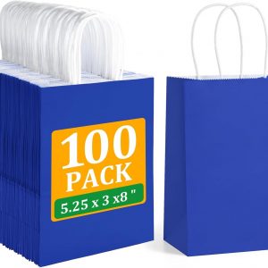 BagDream Royal Blue Gift Bags with Handles Bulk 100Pack 5.25x3x8 Inch Small Kraft Paper Bags for Wedding, Party Favors, Business, Retail, Blue Paper Gift Sacks