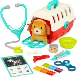 Battat – Mini Vet Playset (11 Pieces) – Plush Dog & Carrier – Stickers & Checklist – Toy Stethoscope & Bone – 2+ Years – Puppy Care Vet Kit
