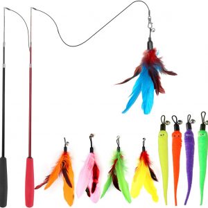 Cat Toys for Indoor Cats, Interactive Cat Toy 2PCS Retractable Wand Toy and 9PCS Cat Feather Toys Refills, Funny Kitten Toys Cat Fishing Pole Toy for Bored Indoor Cats Chase and Exercise