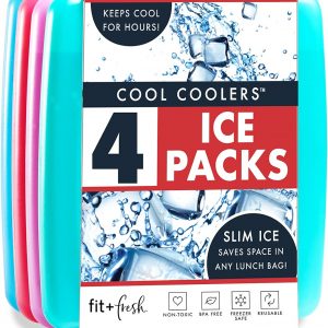 Cool Coolers by Fit & Fresh 4 Pack Slim Ice Packs, Quick Freeze Space Saving Reusable Ice Packs for Lunch Boxes or Coolers, Multi Colored