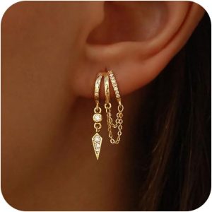 Dangle Earrings for Women,14k Gold Plated Triple Huggie Stud Earrings Cute Statement Chain Earring Dainty Drop Earrings for Women Trendy Gold Plated Jewelry