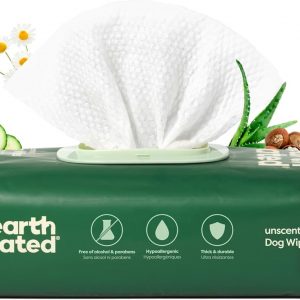 Earth Rated Pet Wipes for Dogs and Cats, Hypoallergenic, 3-in-1 Cleaning, Deodorizing and Hydrating, for Grooming Paws, Body and Butt, Unscented, 100 Count