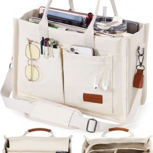 FIORETTO Canvas Tote Bag for Women with Zipper Closure & Individual Compartments for Work College for Teacher & Nurse