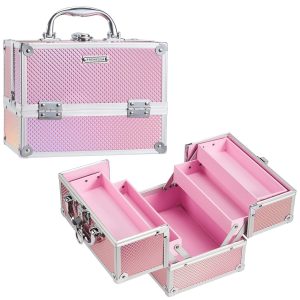 FRENESSA Makeup Train Case 8.85 Inch Portable Makeup Case Organizer Cosmetic Box Make Up Box Makeup Organizer Cosmetic Storage Cases with Locking Nail Kit Organizer Small Travel Case Mermaid Pink