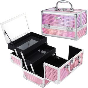 FRENESSA Makeup Train Case Makeup Box Organizer Portable Cosmetic Travel Case Makeup Case with Mirror Locking Make Up Cases Organizers and Storage for Nail Supplies Hard Cosmetic Box Shiny Pink
