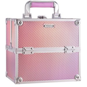 Frenessa Makeup Case Makeup Box Cosmetic Organizer Case Portable Make Up Artist Travel Case Storage Box 4 Trays with Dividers Lockable Hard Train Case Nail Tech Supply Storage Mermaid Pink