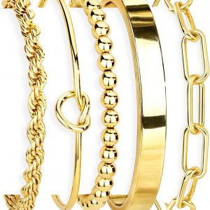 Gold Bracelets Set for Women Non Tarnish, 14K Gold Plated Sterling Silver Chunky Cuff Bracelet Stackable Gold Bangles Bracelet for Women Trendy Fashion Accessories Tie Knot Cuban Rope Paperclip Beaded Bracelet Stack Jewelry Valentines Day Gifts