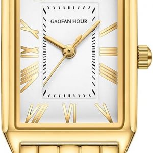 Gold Watches for Women with Vintage Rectangular Case,White Roman Dial,Stainless Steel Band,Adjustment Tool Included,Water Resistant