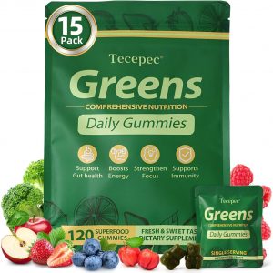 Greens Daily Gummies, Superfood Fruits and Veggies Blend with Spirulina, Chlorella, Prebiotics & Fiber, Adaptogens Multivitamin Supplement for Digestive Health, Non-GMO, 120 Count
