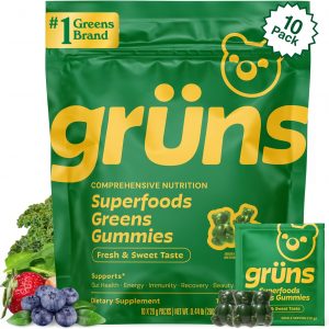 Gruns Adults Super Greens Gummies, Multivitamin Superfood Gummy Bears, Spirulina, Chlorella, Prebiotics & Fiber Gummies for Digestive Health, Adaptogens Supplement, 20 Vitamins & Minerals, 10 Count