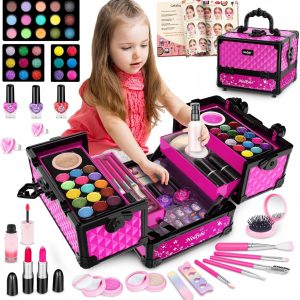 Hollyhi 59 Pcs Kids Makeup Kit for Girl, Washable Play Makeup Toys Set for Dress Up, Pretend Beauty Vanity Set with Cosmetic Case Birthday Toys for Girls 3 4 5 6 7 8 9 10 11 12 Years Old Kids Toddlers