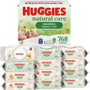 Huggies Natural Care Sensitive Baby Wipes, Unscented, Hypoallergenic, 99% Purified Water, 12 Flip-Top Packs (768 Wipes Total), Packaging May Vary