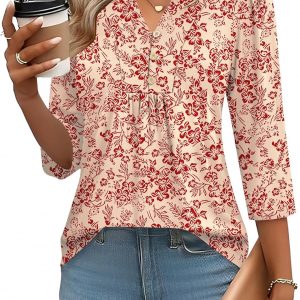 IECCP 3/4 Length Sleeve Womens Tops Dressy Casual Henley V-Neck Summer Tops Pleated T-Shirts Loose Fit Work Blouses