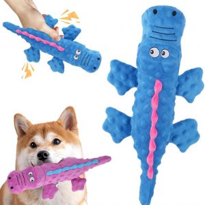 Indestructible Plush Dog Toy for Aggressive Chewers, Boredom Relief Squeaker Chew Toy with Double Fabric, Durable Crocodile Teething Toy for Large Medium Small Dogs (Blue)