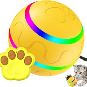 Interactive Pet Ball Toy with Remote Paw Controller, Yellow, Electronic Dog/Cat Entertainment, Self-Rolling, USB Rechargeable, LED Light-Up Pet Toy for Dogs & Puppies.